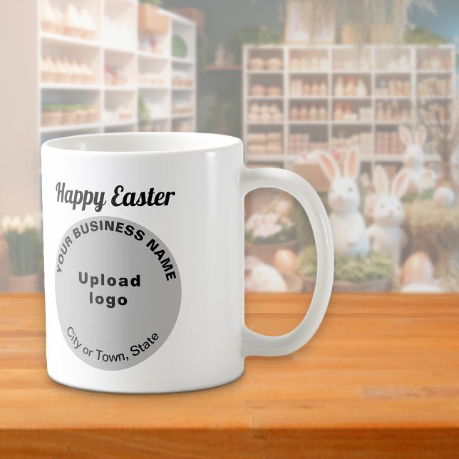 Marca comercial gris | Pascua | Jarra (Mug with Easter greeting and gray round shape business brand)