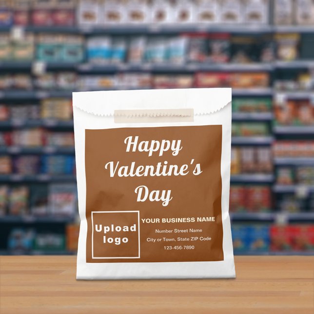 Marca comercial marrón; Valentina; bolsa de papel (Brown business brand with Valentine greeting on paper bag.)