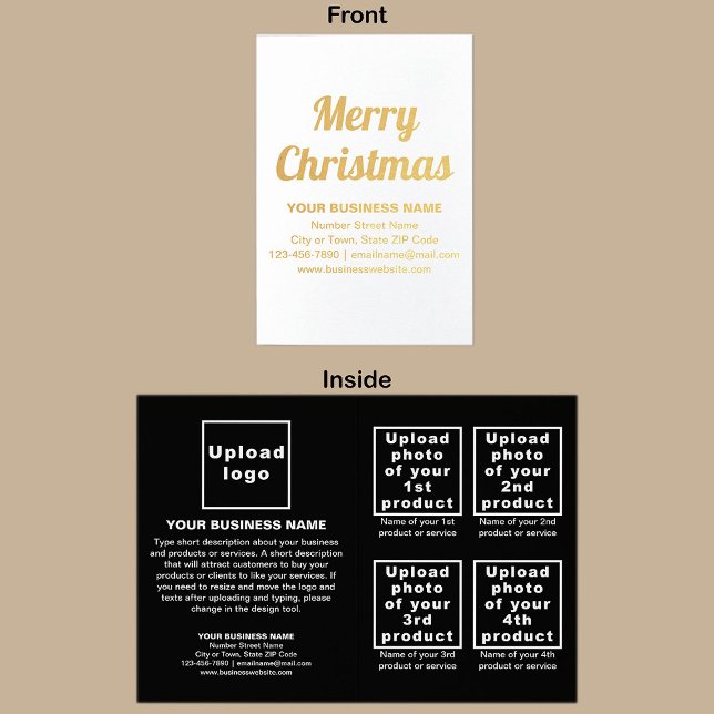 Marca comercial negra en tarjeta de Relieve metali (Black business brand with products or services on Christmas folded foil card.)