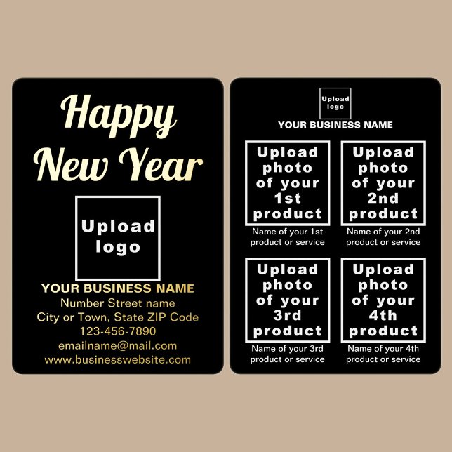 Marca comercial negra en tarjeta de vacaciones de  (Black business brand with products or services on New Year foil holiday card.)