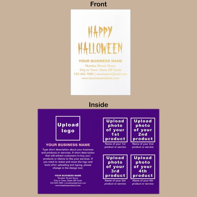 Marca comercial púrpura en tarjeta de Relieve meta (Purple business brand with products or services on Halloween folded foil card.)