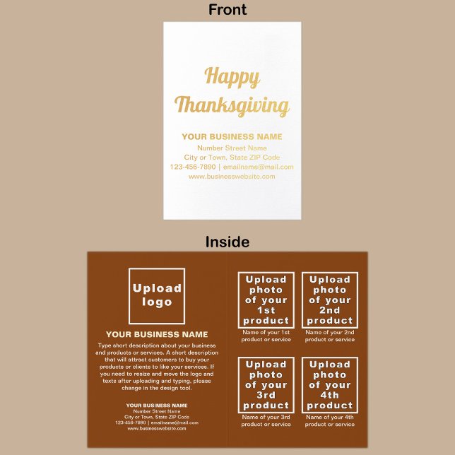 Marca de negocios marrón en tarjeta de Relieve met (Brown business brand with products or services on Thanksgiving folded foil card.)