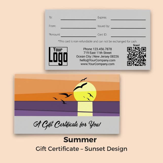 Marcado de Verano · Guión · Certificado de Regalo  (Summer Branding · Script Text · Sunset Gift Certificate)