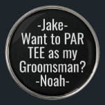 Marcador Para Pelotas De Golf Groomsman Propuesta Funny PAR TEE Favorece a los n<br><div class="desc">Empieza la celebración del boda con estilo con graciosos marcadores personalizados de baloncesto de golf. El diseño temático del golfista blanco y negro presenta elegantes nombres de tipografía moderna y una solicitud de personalizable que dice "¿Quieres ser mi Groomsman?" Todo el texto es sencillo de personalizar o eliminación. Estos marcadores...</div>