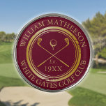 Marcador Para Pelotas De Golf Nombre del club de golf Borgoña y Oro personalizad<br><div class="desc">Estos marcadores son ideales para todos los clubes de golf y miembros del club, ya que cuentan con clubes de golf clásicos y un diseño de pelota de golf cruzado, así como con un borde con efecto de sello envejecido. Personalice con el nombre del socio del club, el nombre del...</div>