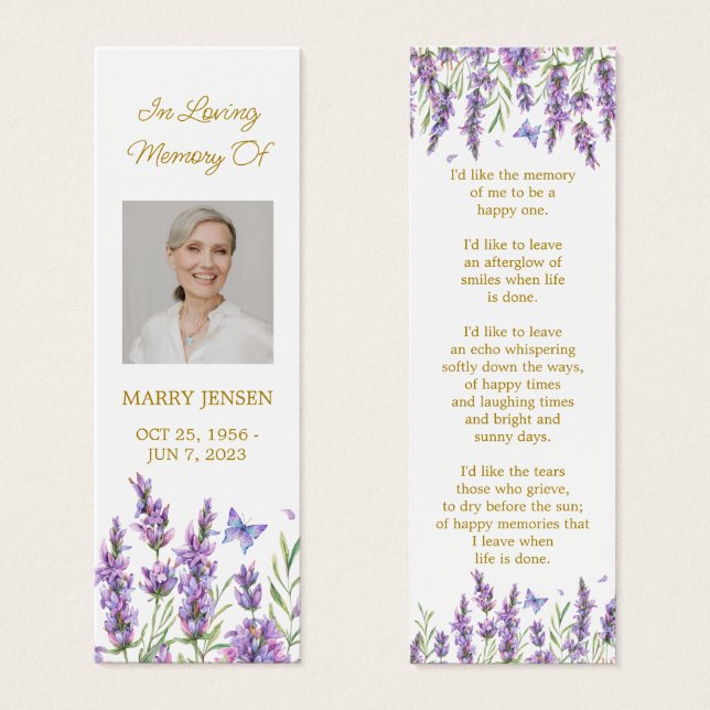 Marcapáginas conmemorativo floral de lavanda para  (Anverso y reverso)