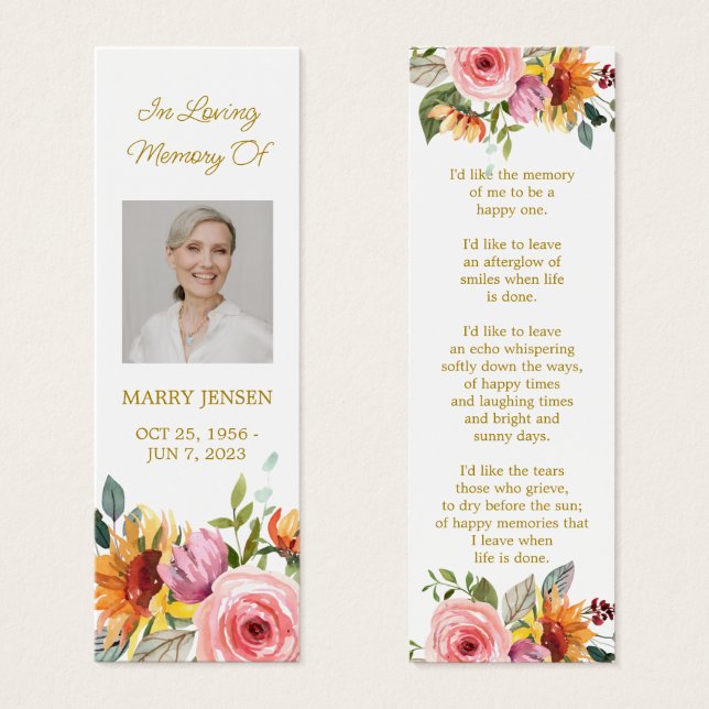 Marcapáginas conmemorativo floral para funeral (Anverso y reverso)