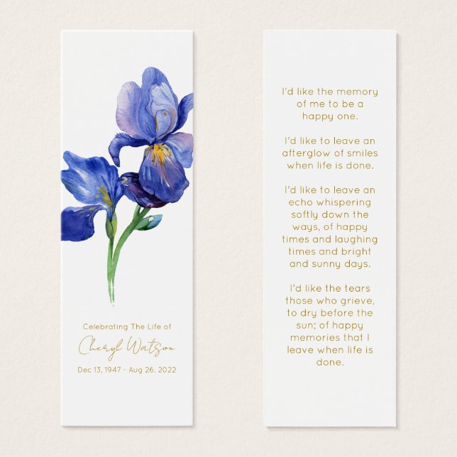 Marcapáginas conmemorativo funeral de Iris simple (Anverso y reverso)