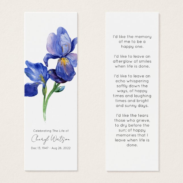 Marcapáginas conmemorativo funeral de Iris simple (Anverso y reverso)