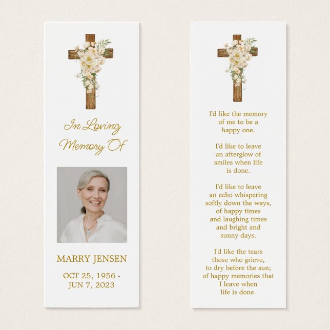 Marcapáginas de funeral con cruz de rosa blanca (Anverso y reverso)