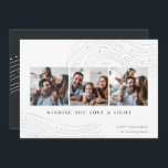 Marcas estelares | 3 Tarjeta Hanukkah de Collage d<br><div class="desc">Envíe saludos de Hanukkah al estilo de la moda con estas elegantes y modernas tarjetas de collage de fotos con tres fotos cuadradas alineadas una al lado de la otra y adornadas con adornos de líneas en la parte superior e inferior. "Deseándote amor y luz" aparece debajo de letras modernas,...</div>