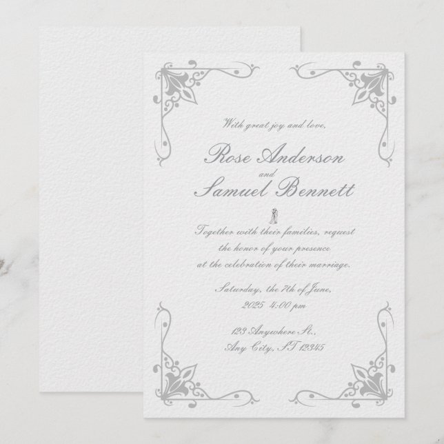Marco barroco Invitación a la boda blanca negra (Anverso / Reverso)