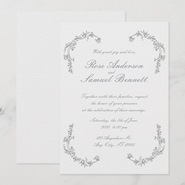 Marco barroco Invitación a la boda blanca negra (Anverso / Reverso)