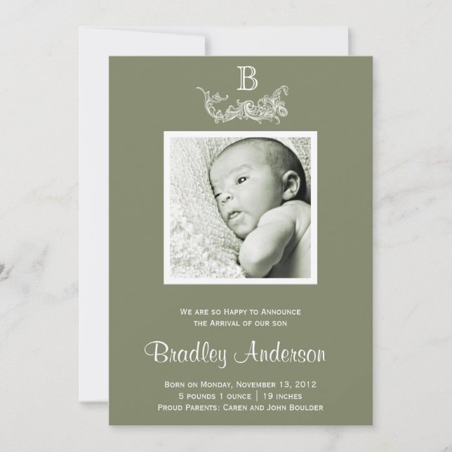 Marco blanco verde oliva Monograma Invitación del  (Anverso)