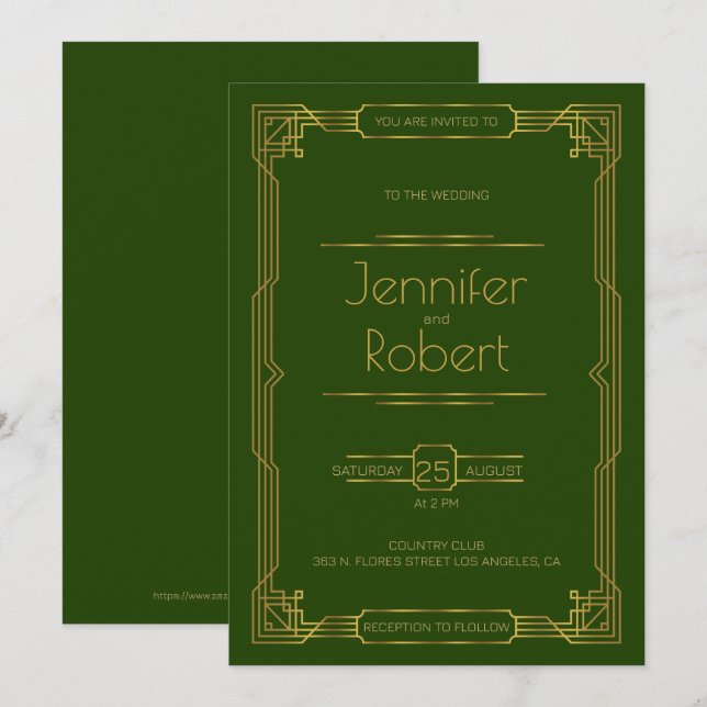 Marco boda Gold Art Deco sobre Invitación verde (Anverso / Reverso)
