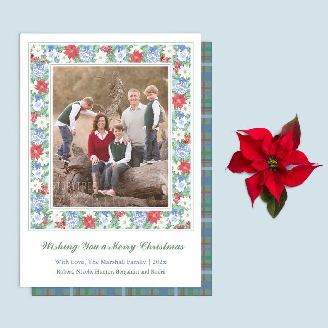 Marco botánico de época festivo Feliz Navidad (Classic Blue White Red Festive Botanical Family Picture Frame Holidays Card With Plaid Reverse)