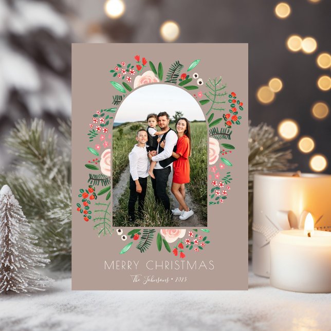 Marco de Archivo Floral Moderno de Navidad para Fo (Modern Arch Frame Floral Family Christmas Photo Holiday Card)