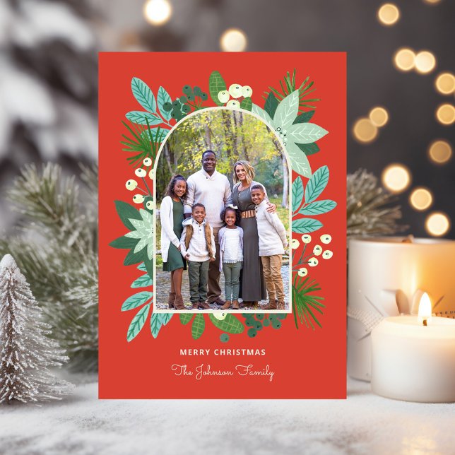 Marco de arco Floral Feliz Navidad Foto (Arch Frame Floral Merry Christmas Photo Holiday Card)