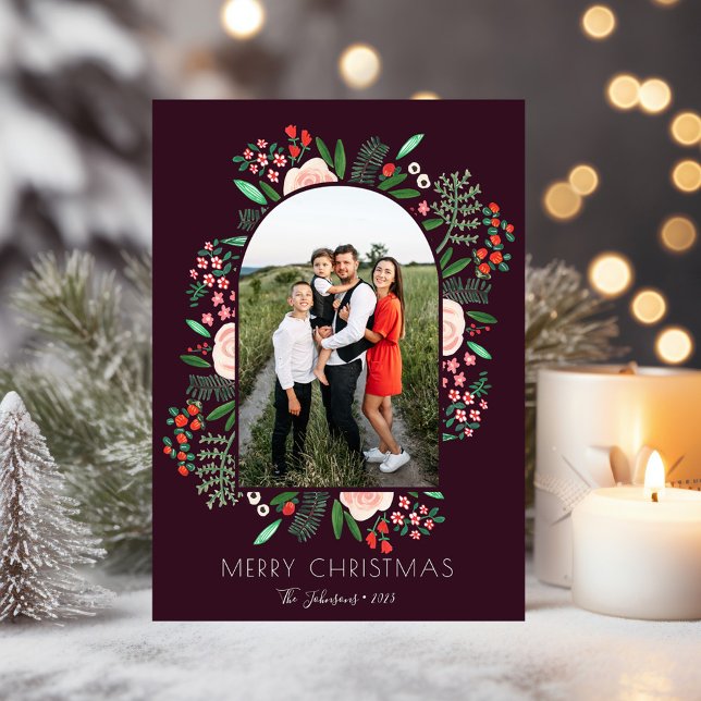 Marco de arco moderno Floral Feliz Navidad Foto (Modern Arch Frame Floral Family Christmas Photo Holiday Card)