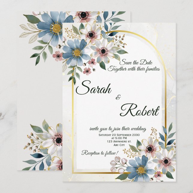 Marco de Flor de Tinte Azul Invitación de Boda Ele (Anverso / Reverso)