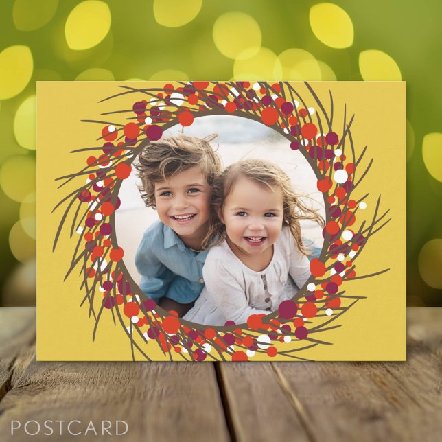 Marco de foto de corona de Navidad - amarillo rojo (Holiday Photo Postcard)