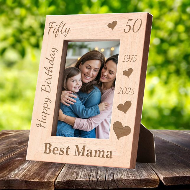 Marco de foto de cumpleaños 50 de Mamá con nombre  (Mom 50th Birthday Photo frame with name love heart Engraved Frames)