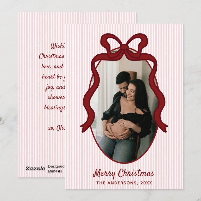 Marco de Foto de Navidad con Rayas Rosadas y Lazo  (Anverso / Reverso)