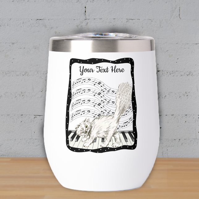 Marco de la música de las teclas de piano del gato (White winking cat on piano keys music notes in wavy black frame on drink tumbler.)