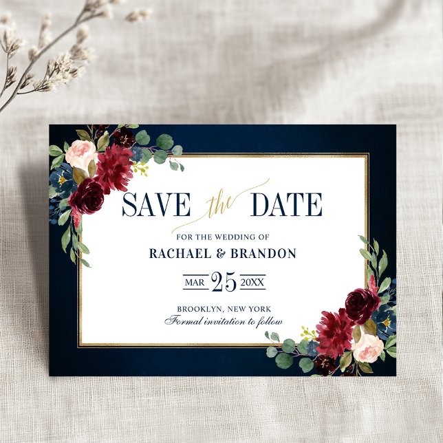 Marco dorado azul de la marina floral borgoñona sa (Burgundy Floral Navy Blue Gold Frame Save the Date)