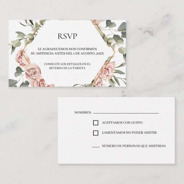 Marco dorado con tarjeta RSVP para rosas quinceañe (Anverso / Reverso)