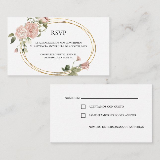 Marco dorado con tarjeta RSVP para rosas quinceañe (Anverso / Reverso)