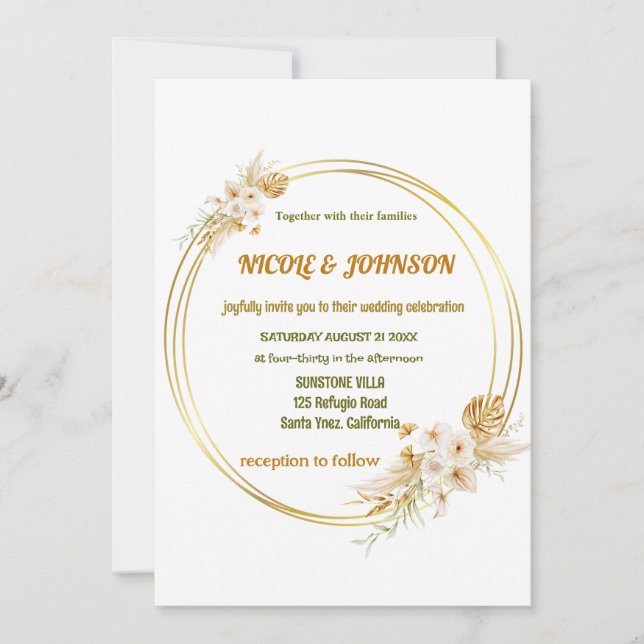 Marco dorado floral Boda Invitación (Anverso)