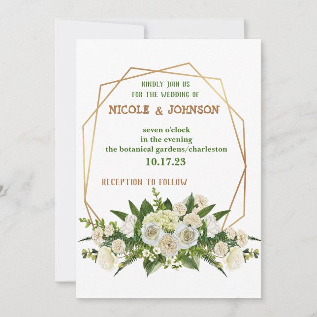 Marco dorado floral moderno Boda Invitación (Anverso)