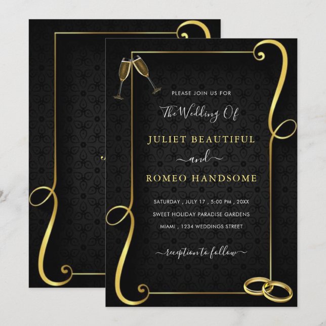 Marco dorado negro elegante invitación a la boda (Anverso / Reverso)