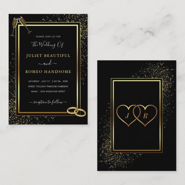 Marco dorado y anillos Invitación a la Boda dorada (Anverso / Reverso)