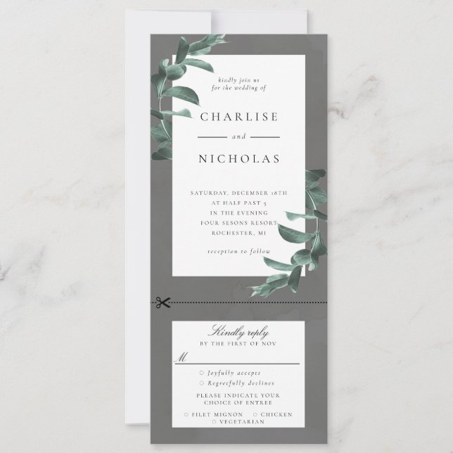 Marco Eucalyptus en invitación de boda gris con rs (Anverso)