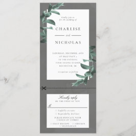 Marco Eucalyptus en invitación de boda gris con rs