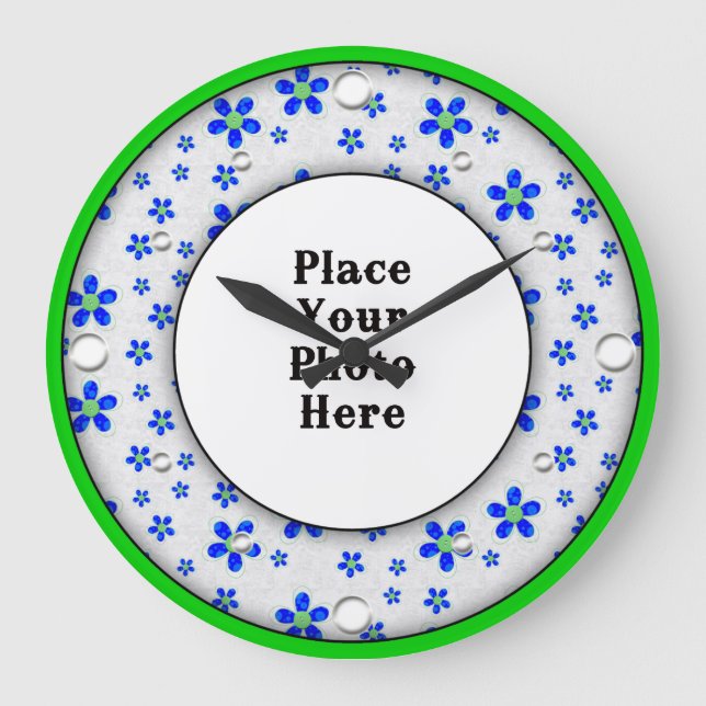 Marco floral azul tu reloj de pared fotográfica (Anverso)