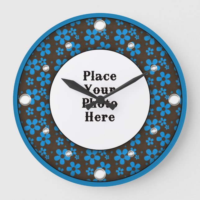 Marco floral azul tu reloj de pared fotográfica (Anverso)