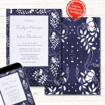 Marco floral delicado en invitación de boda azul