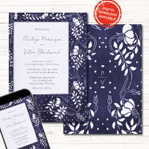 Marco floral delicado en invitación de boda azul