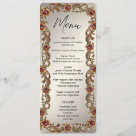 Marco floral dorado con menú de piedras rojas