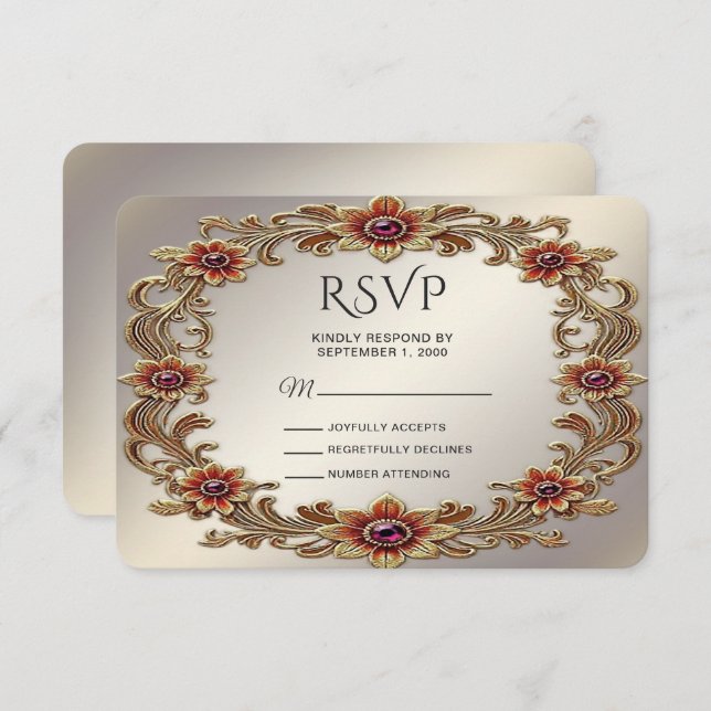 Marco floral dorado con tarjeta RSVP de piedras ro (Anverso / Reverso)