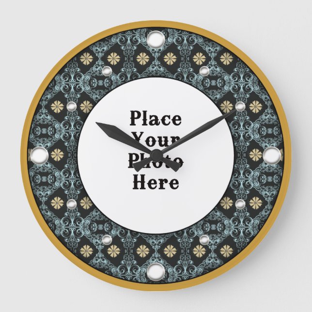 Marco floral dorado tu reloj de pared fotográfica (Anverso)