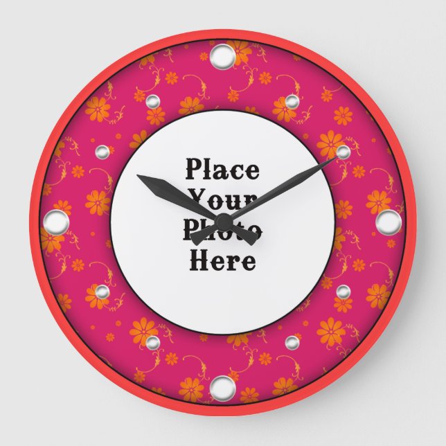 Marco floral rojo tu reloj de pared fotográfica (Anverso)