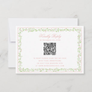 Marco floral rosa suave RSVP con código QR y lazo