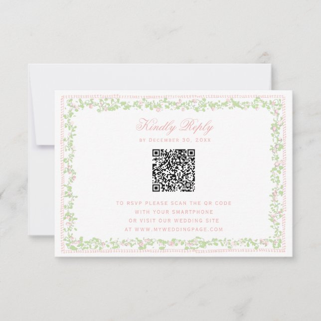 Marco floral rosa suave RSVP con código QR y lazo (Anverso)