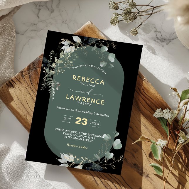 Marco moderno verde deja la invitación a la boda (Subido por el creador)