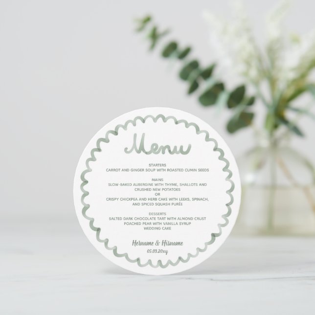 Marco Redondo Caprichoso Verde Salvia Menú de Boda (Anverso de pie)