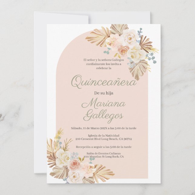 Marco rosa Boho Invitación a Quinceanera (Anverso)